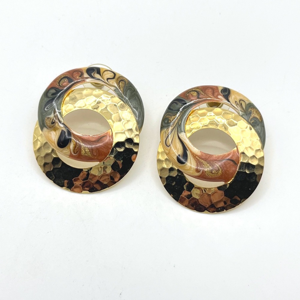 Vintage Gold Tone Hammered Marbled Enamel Double Hoop Earrings